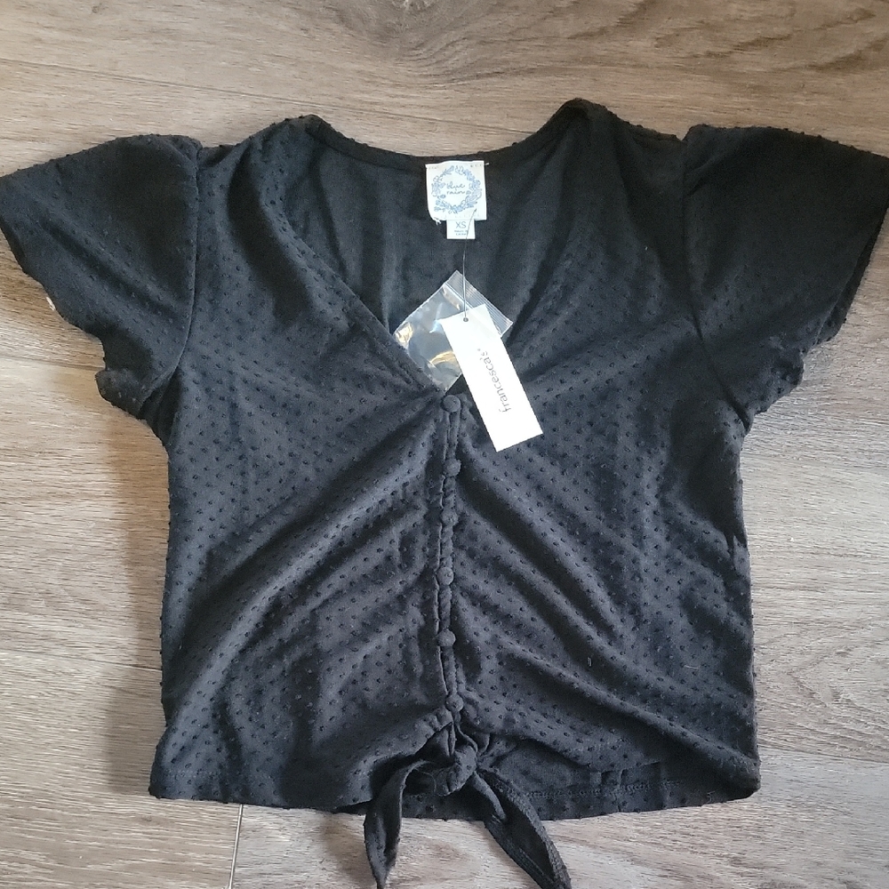 Black Cap Sleeve Tie Front Blouse